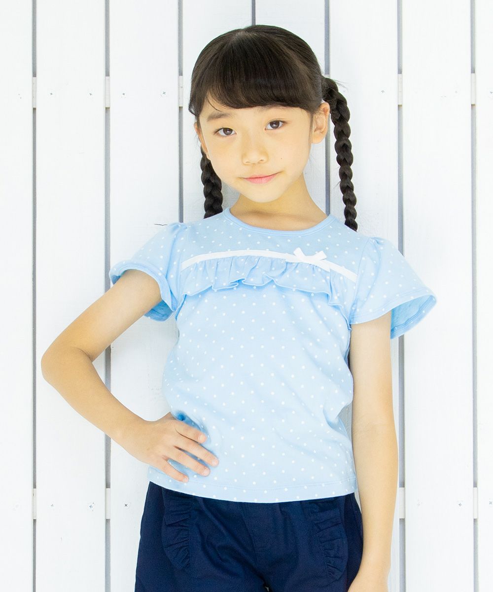 Children's clothing girl 100 % polka dot pattern frill & ribbon T -shirt blue (61) model image up