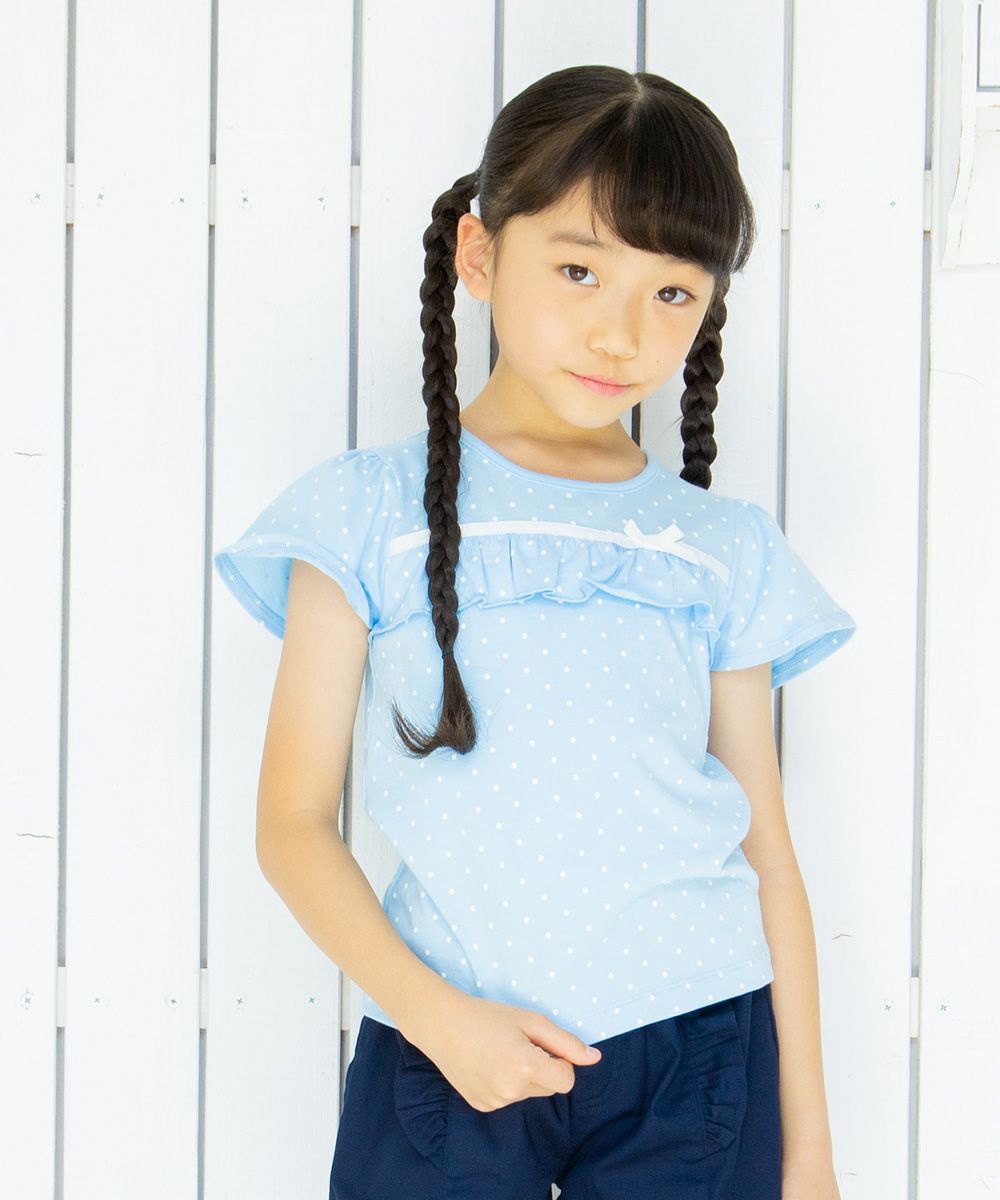 Children's clothing girl 100 % polka dot pattern frill & ribbon T -shirt blue (61) model image 1
