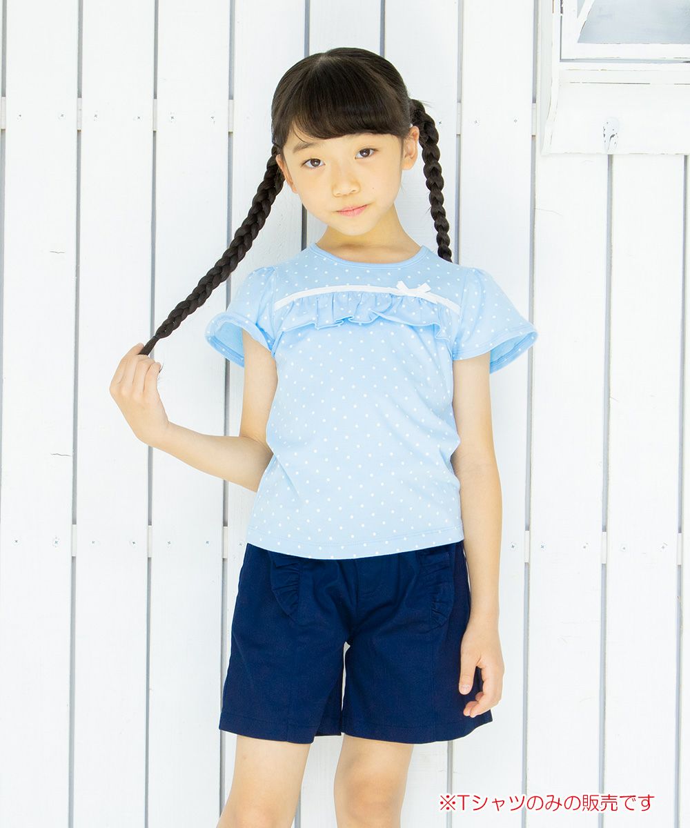 Children's clothing girl 100 % polka dot pattern frill & ribbon T -shirt blue (61) model image 2
