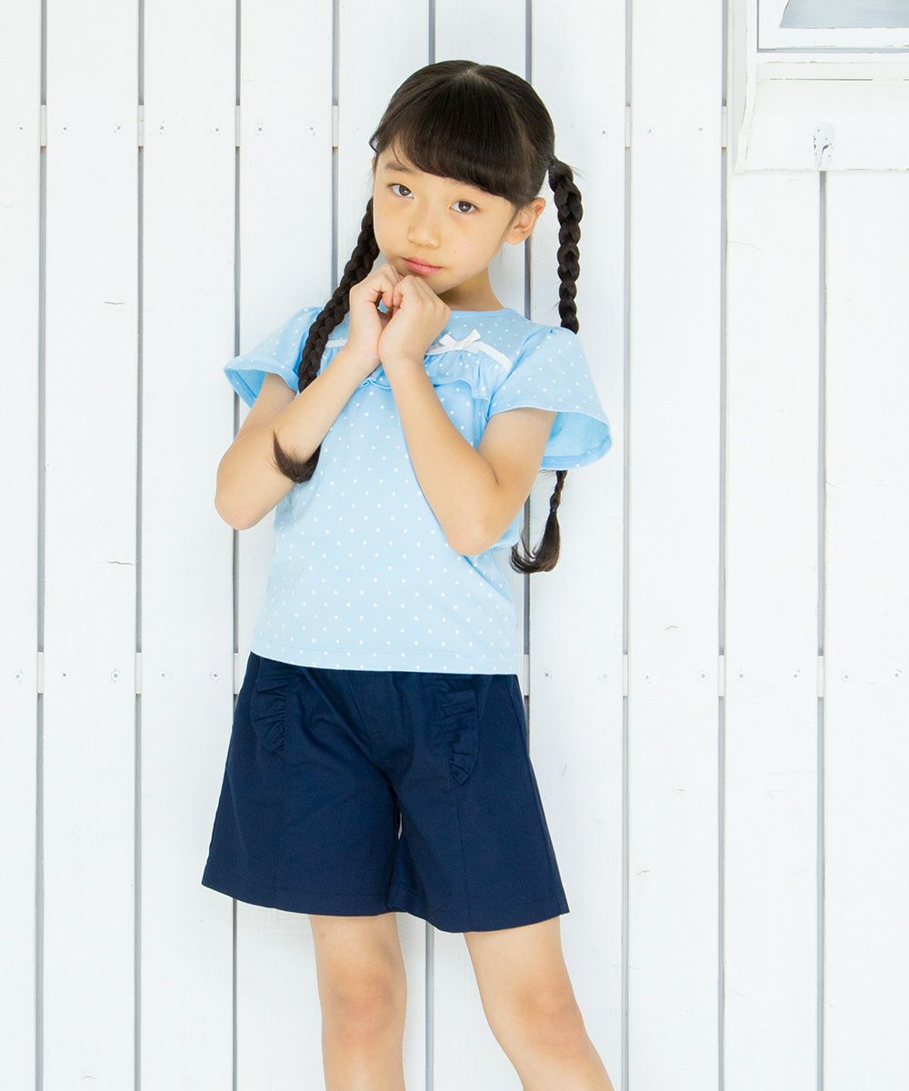 Children's clothing girl 100 % polka dot pattern frill & ribbon T -shirt blue (61) model image 3
