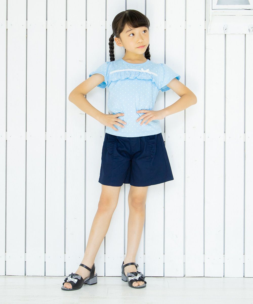 Children's clothing girl 100 % polka dot pattern frill & ribbon T -shirt blue (61) model image 4