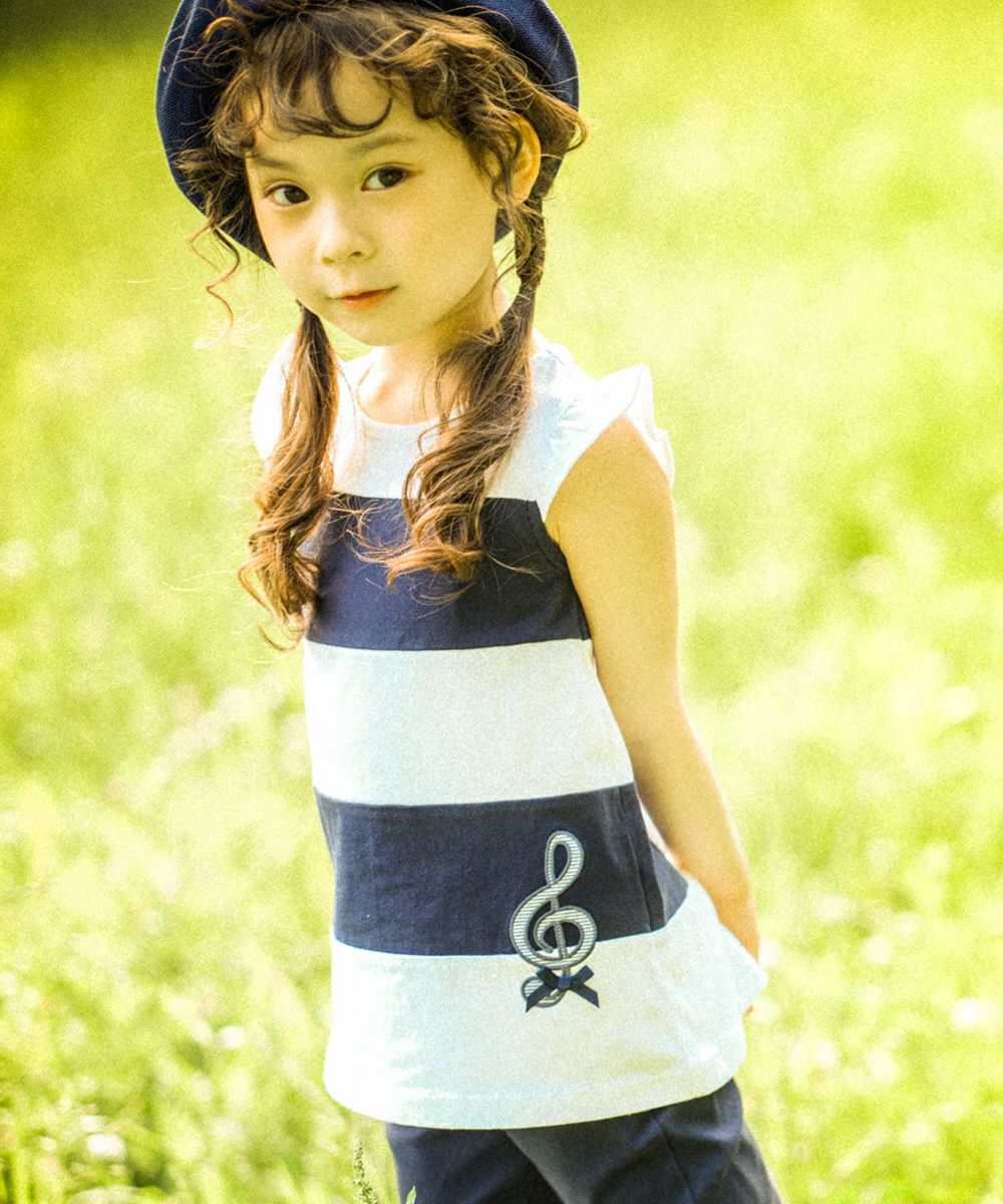 Children's clothing girl 100 % cotton border switching note motif T -shirt