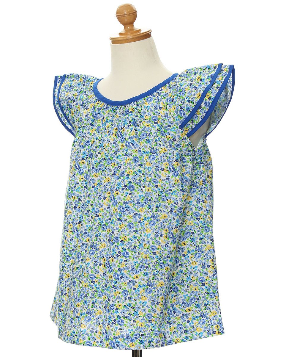 Children's clothing girl flower pattern frill sleeve A line over brouse blue (61) torso