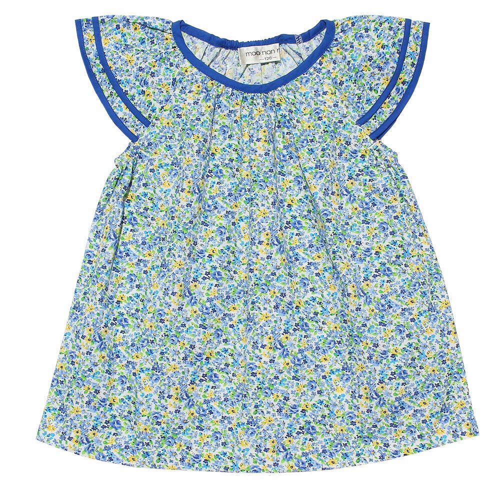 Children's clothing girl flower pattern frill sleeve A line over brouse blue (61) front