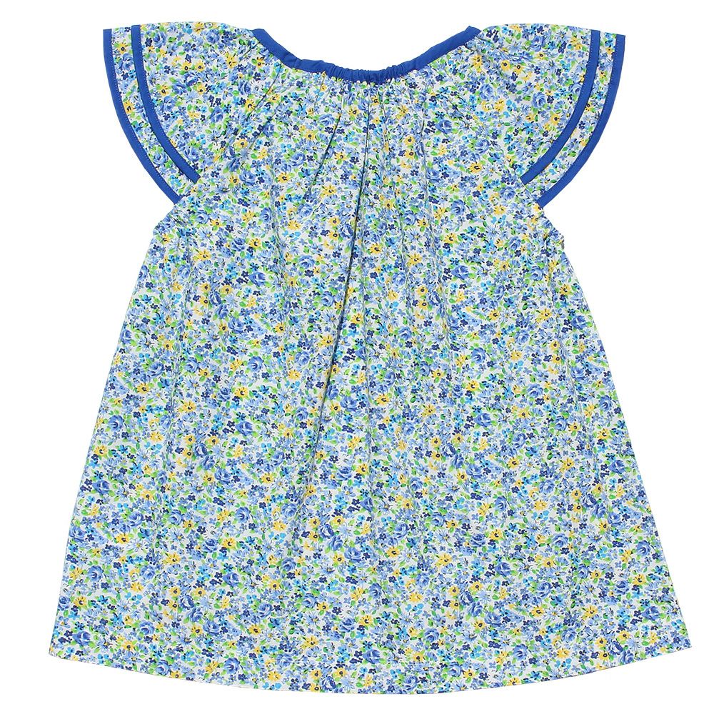 Children's clothing girl flower pattern frill sleeve A line over brouse blue (61) back