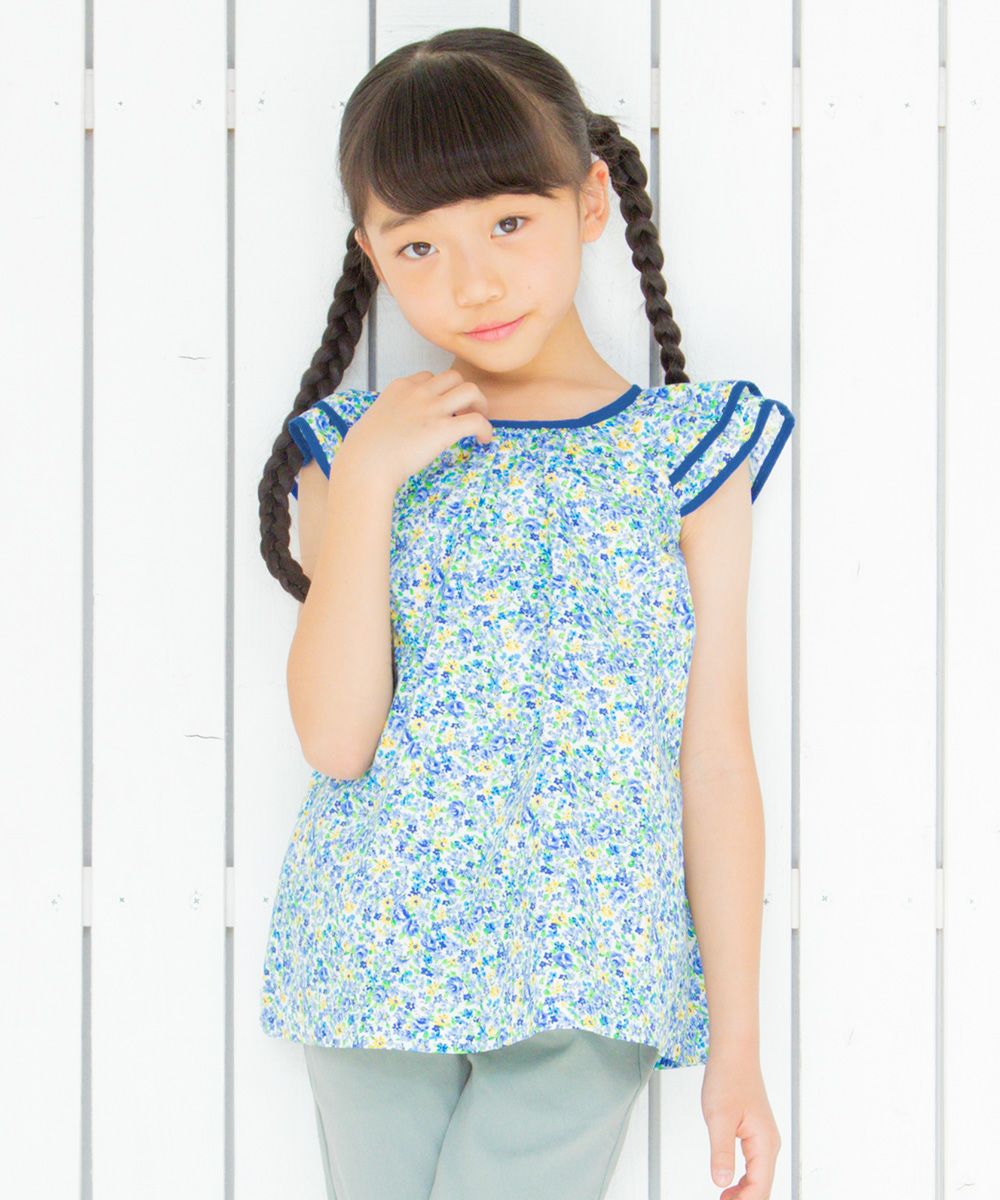 Children's clothing girl flower pattern frill sleeve A line over brouse blue (61) Model image up