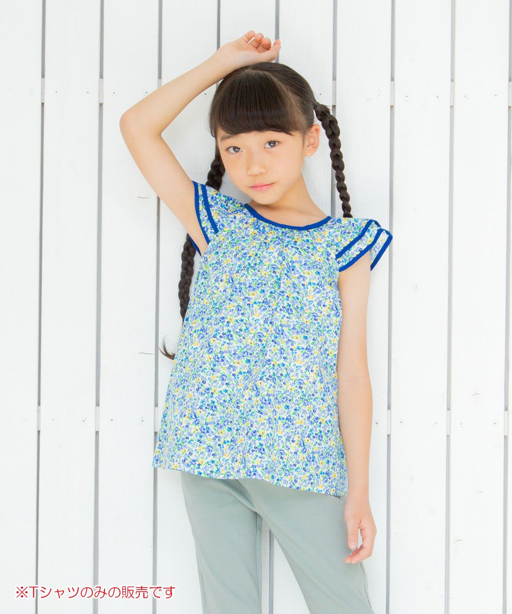 Children's clothing girl flower pattern frill sleeve A line over brouse blue (61) model image 1