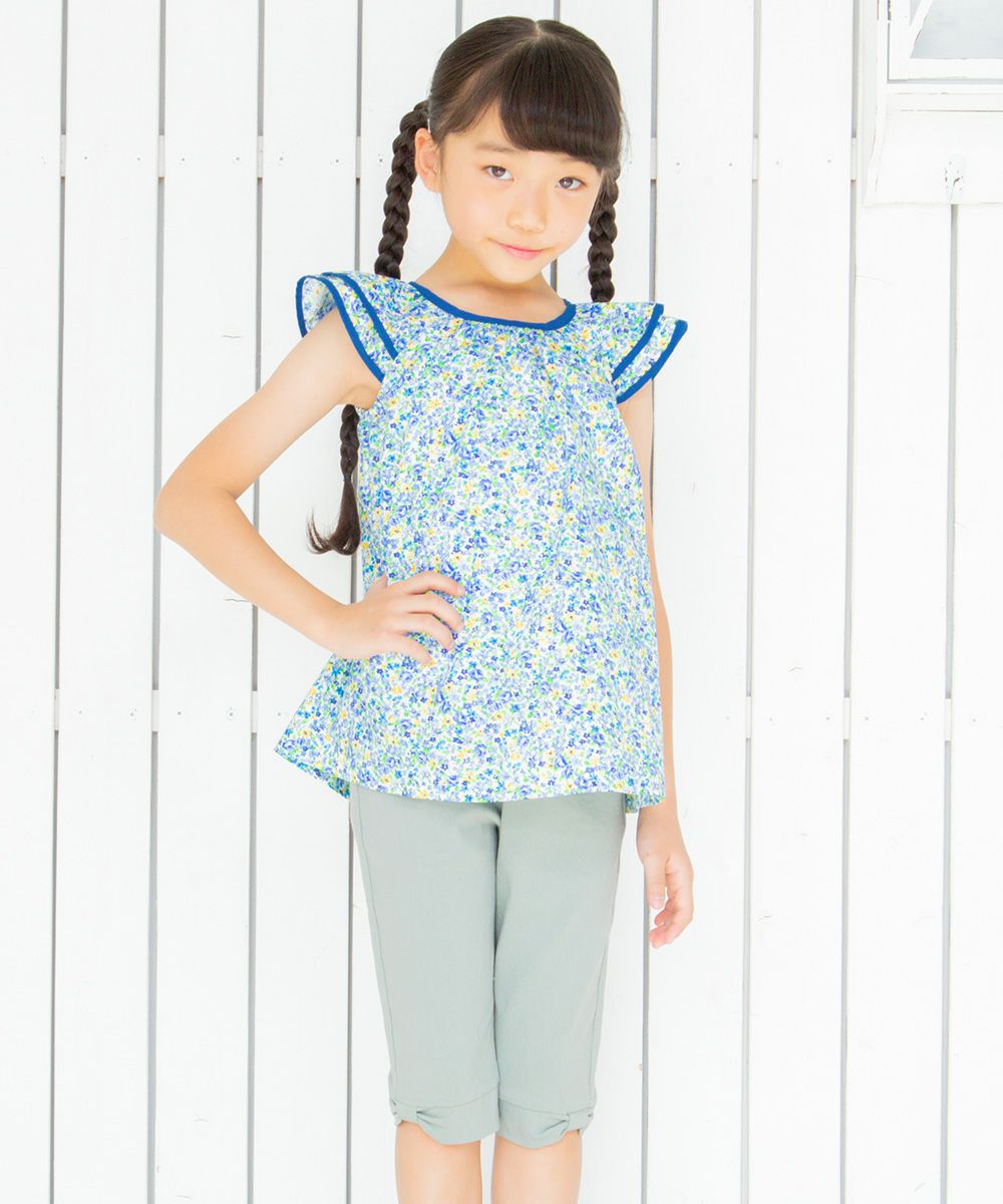 Children's clothing girl flower pattern frill sleeve A line over brouse blue (61) model image 2