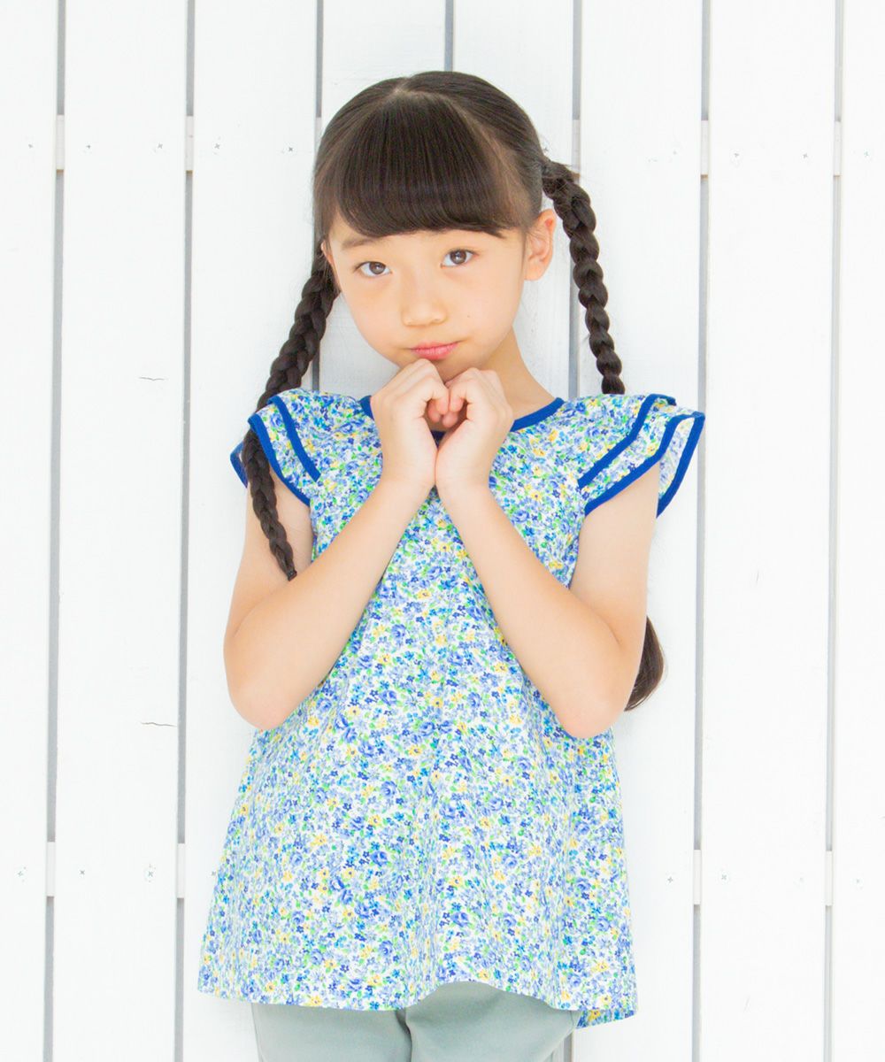 Children's clothing girl flower pattern frill sleeve A line over brouse blue (61) model image 4