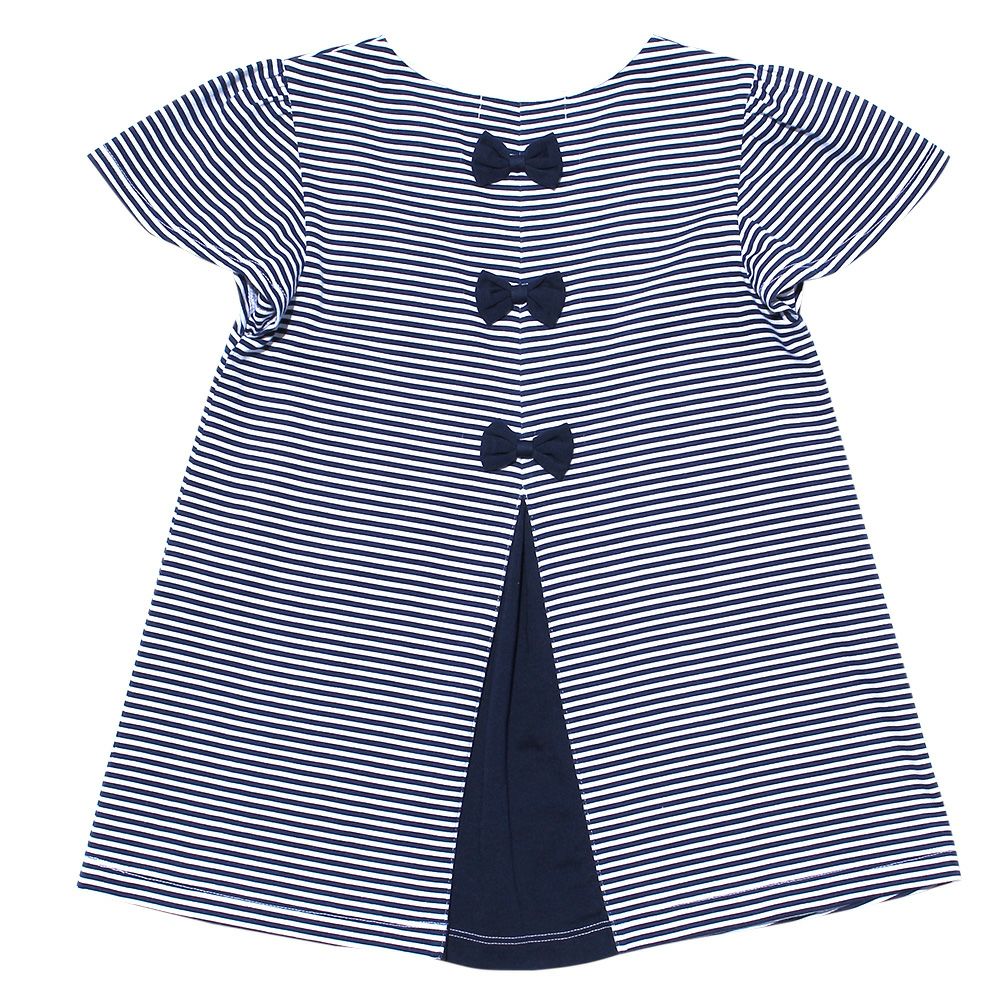 100 % cotton stripe pattern T-shirt with back ribbons Navy back