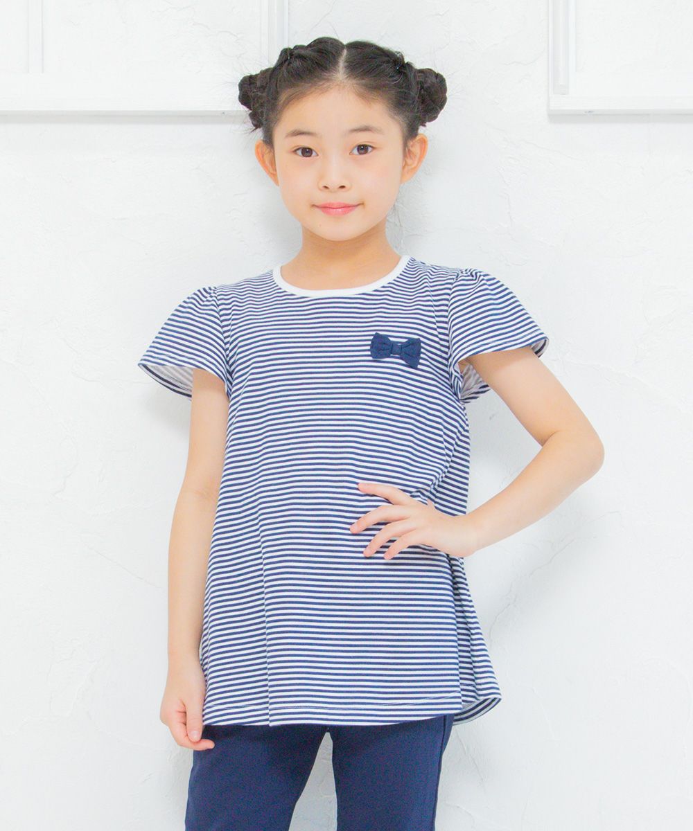 100 % cotton stripe pattern T-shirt with back ribbons Navy model image up