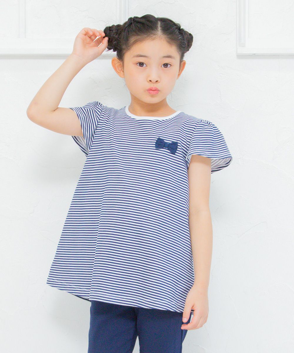 100 % cotton stripe pattern T-shirt with back ribbons Navy model image 1
