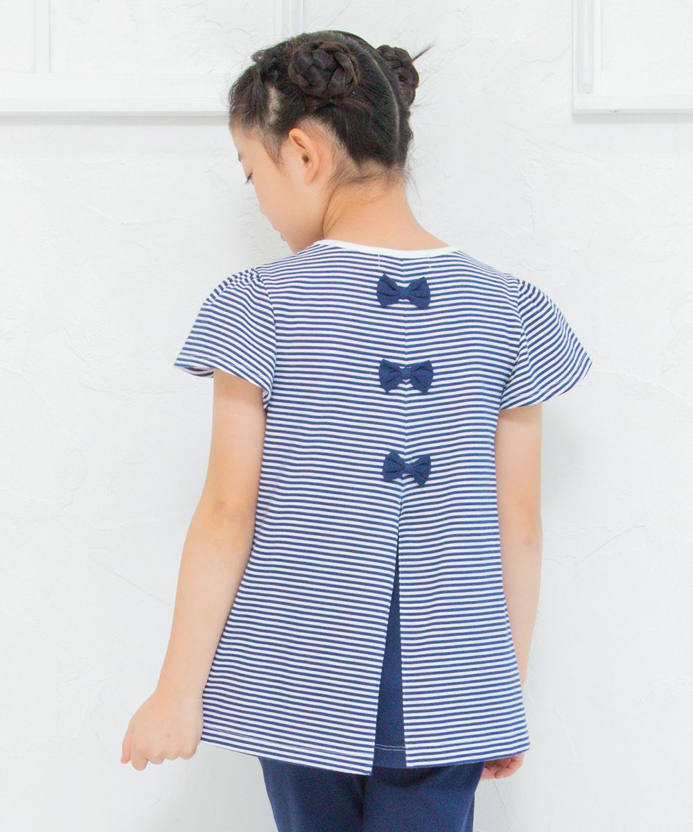 100 % cotton stripe pattern T-shirt with back ribbons Navy model image 4