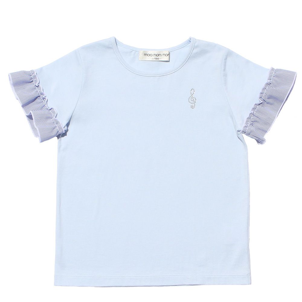 100 % cotton note embroidery striped pattern T -shirt with frill Blue front