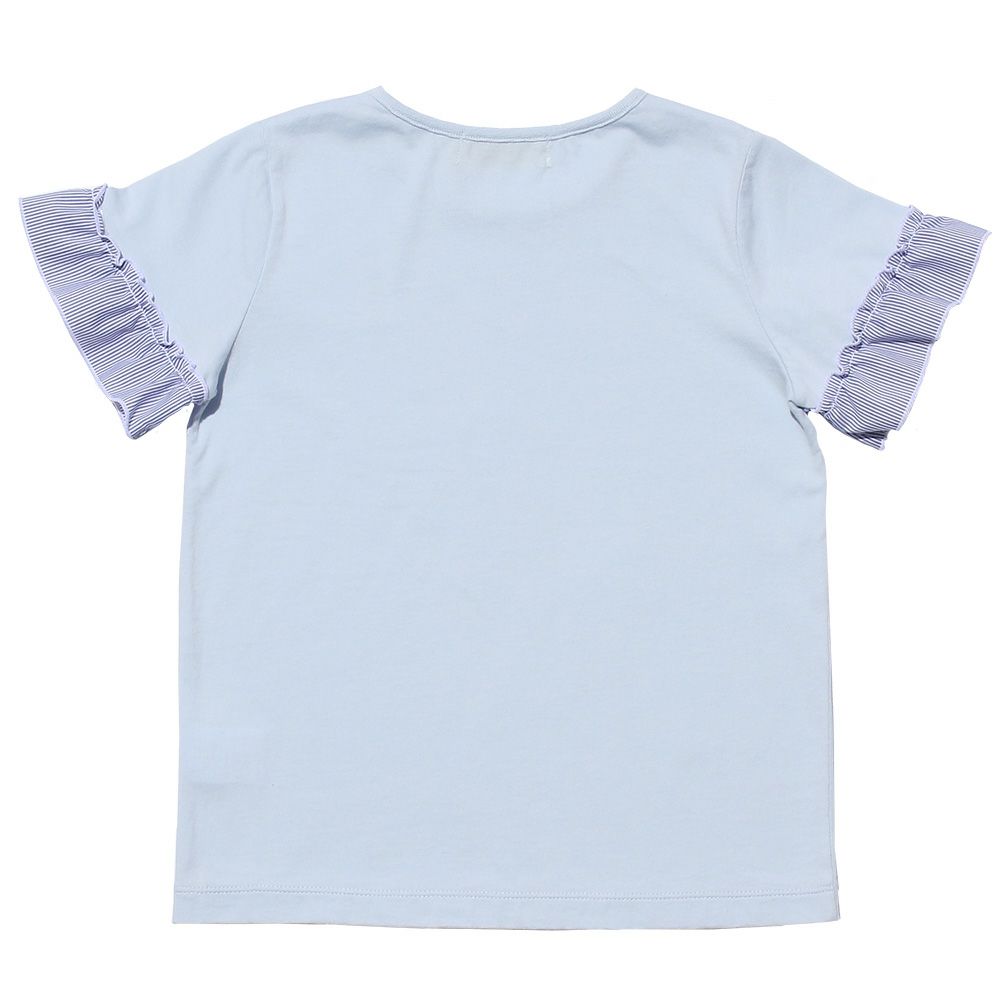 100 % cotton note embroidery striped pattern T -shirt with frill Blue back