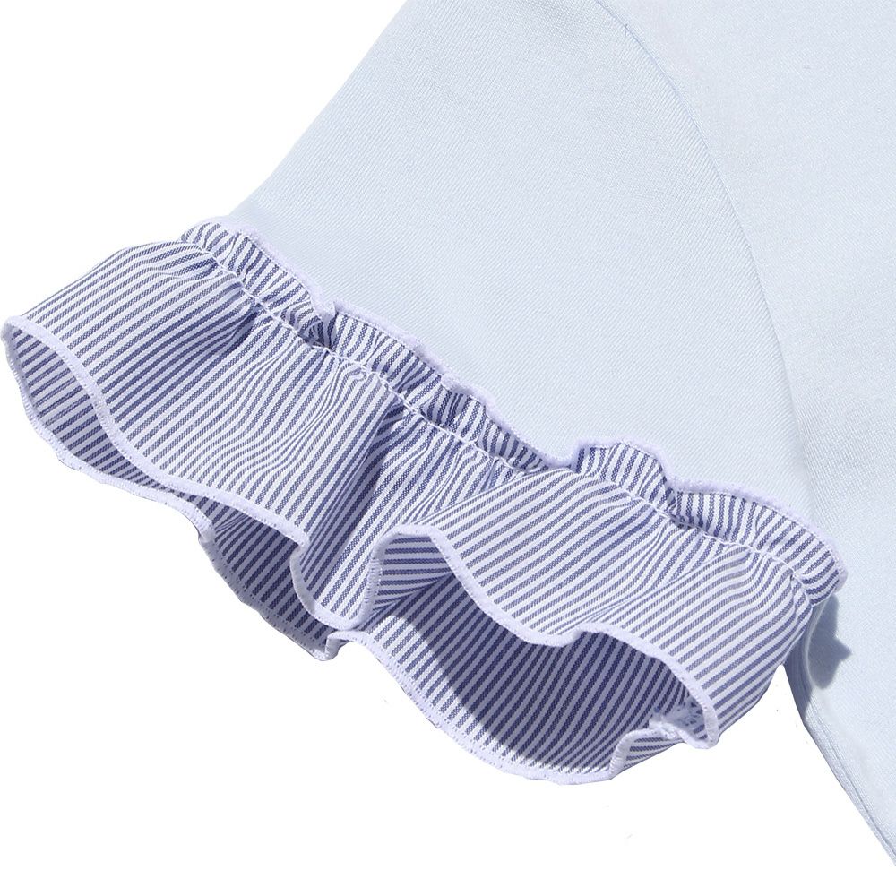 100 % cotton note embroidery striped pattern T -shirt with frill Blue Design point 2