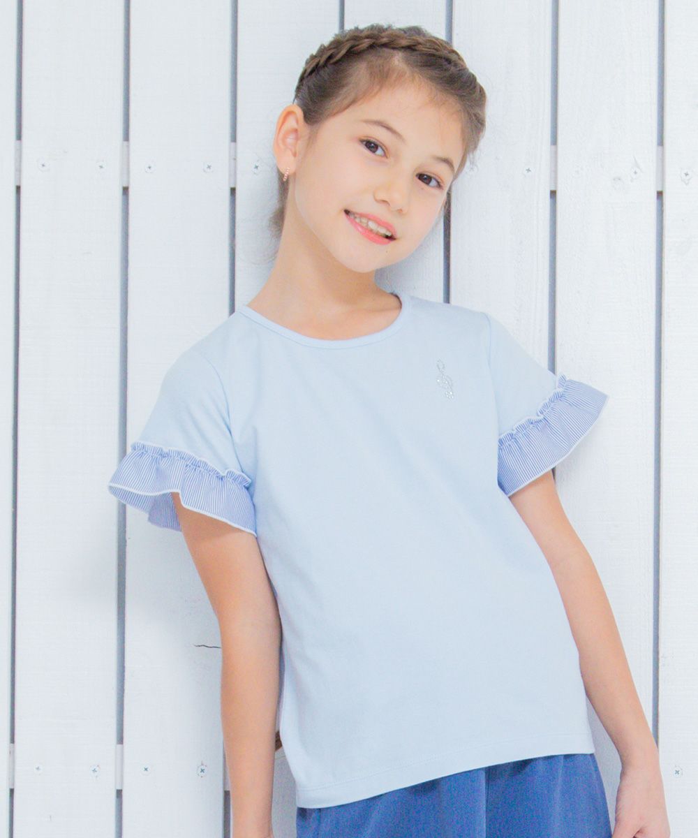 100 % cotton note embroidery striped pattern T -shirt with frill Blue model image up