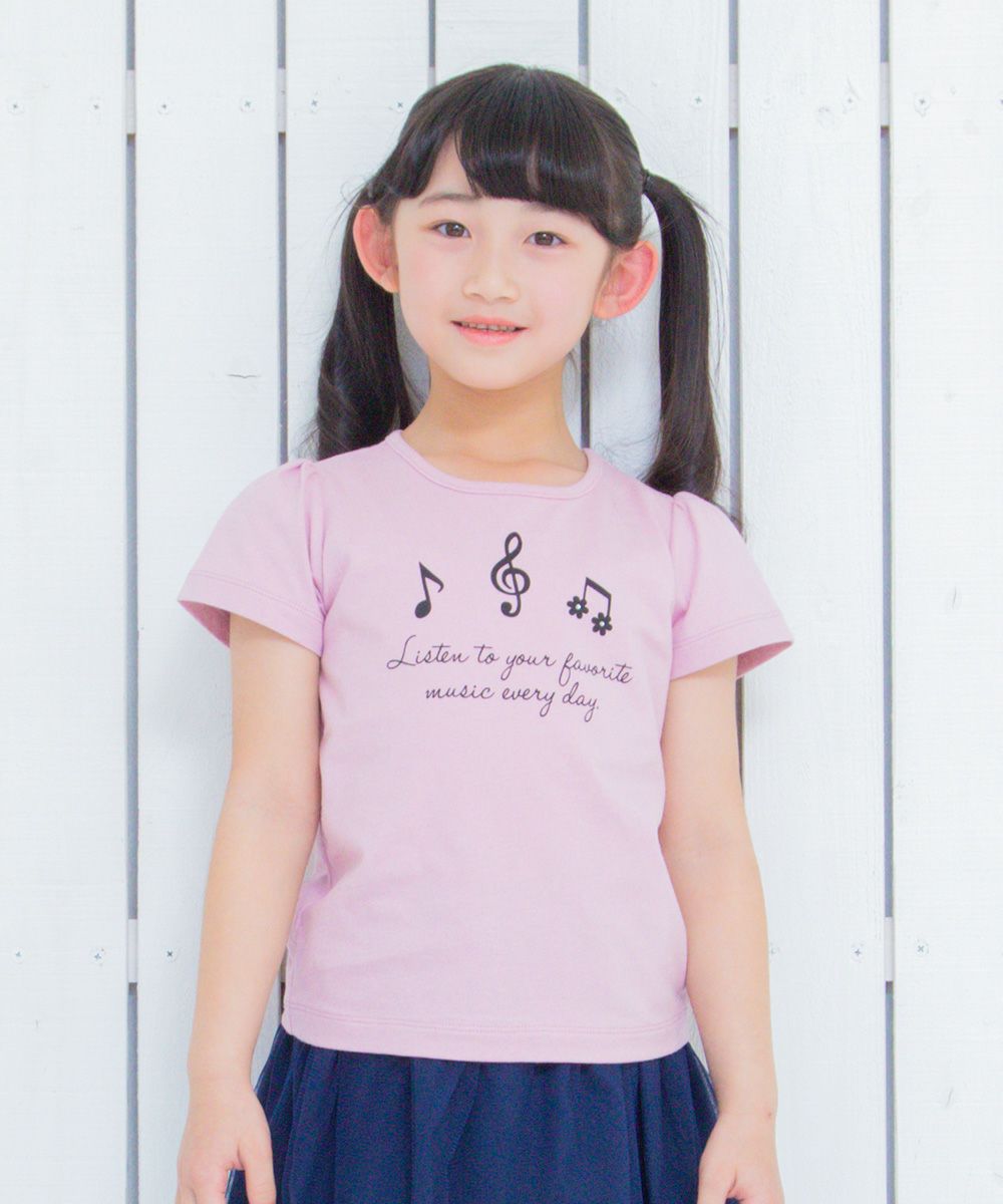 Children's clothing girl 100 % cotton note & logo print T -shirt pink (02) Model image up