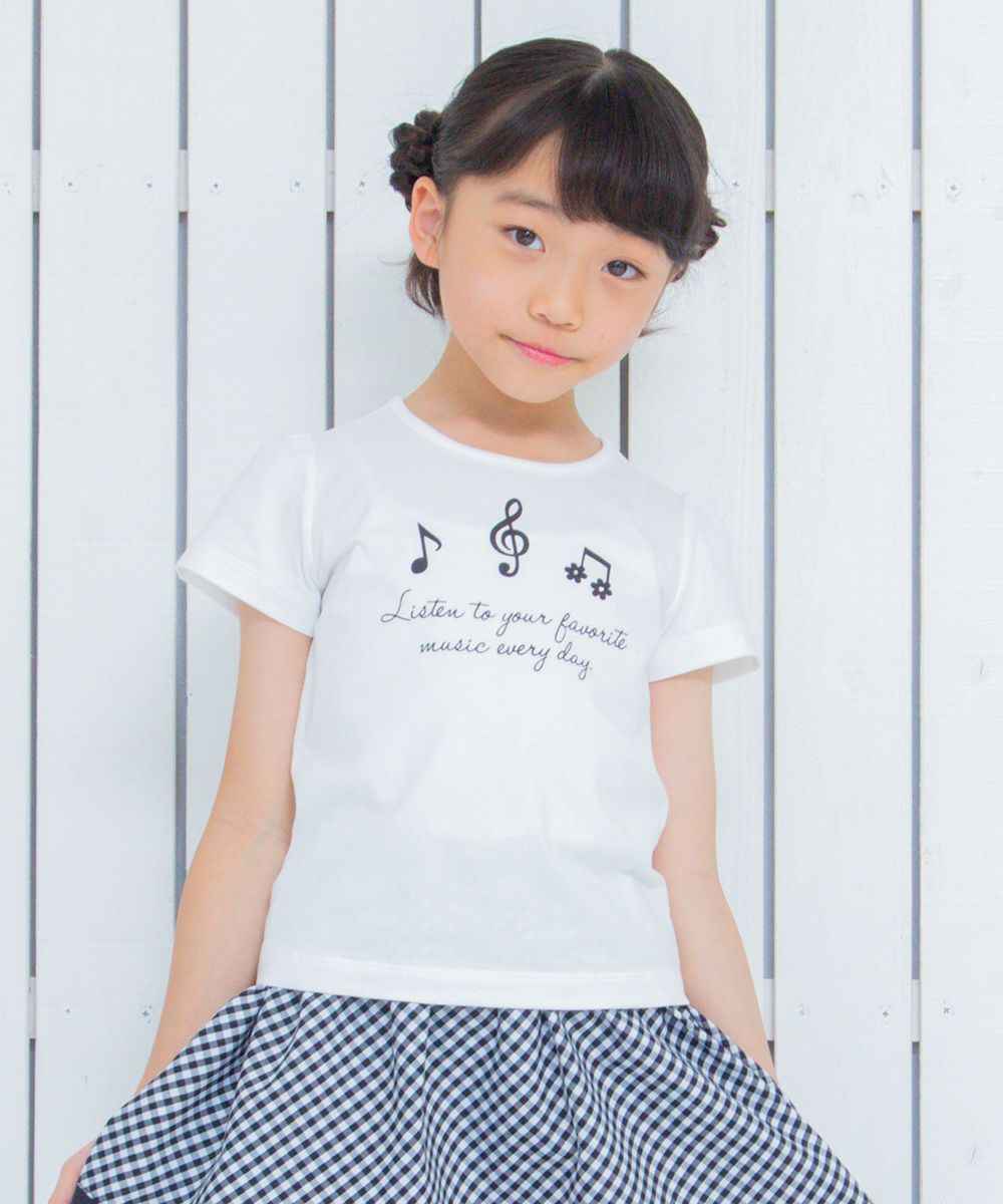Children's clothing girl 100 % cotton note & logo print T -shirt off -white (11) model image up