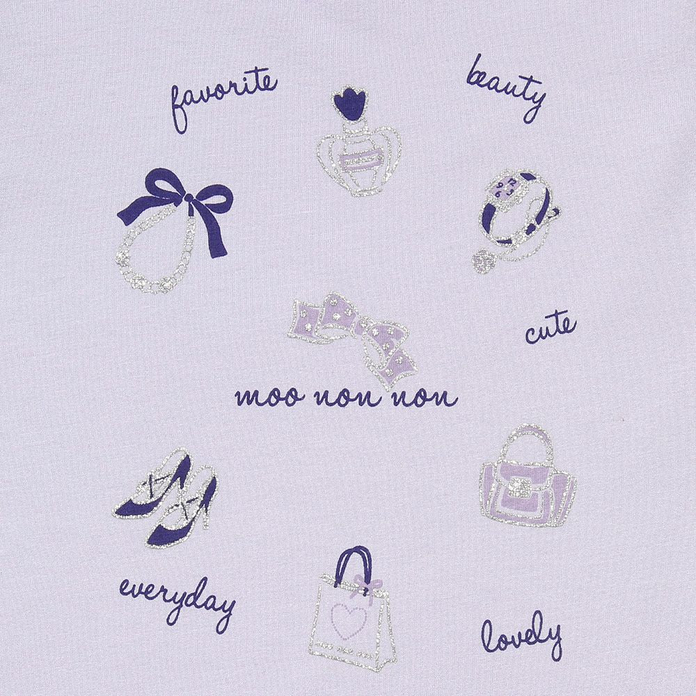 100% cotton glittery cosmetics print t -shirt with frills Purple Design point 1