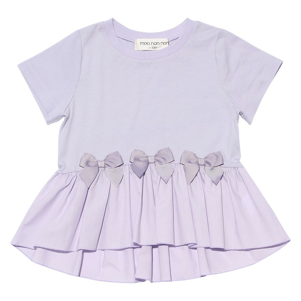 Different material gather switching T -shirt with ribbon Purple front