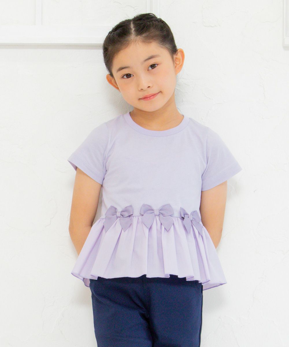 Different material gather switching T -shirt with ribbon Purple model image up