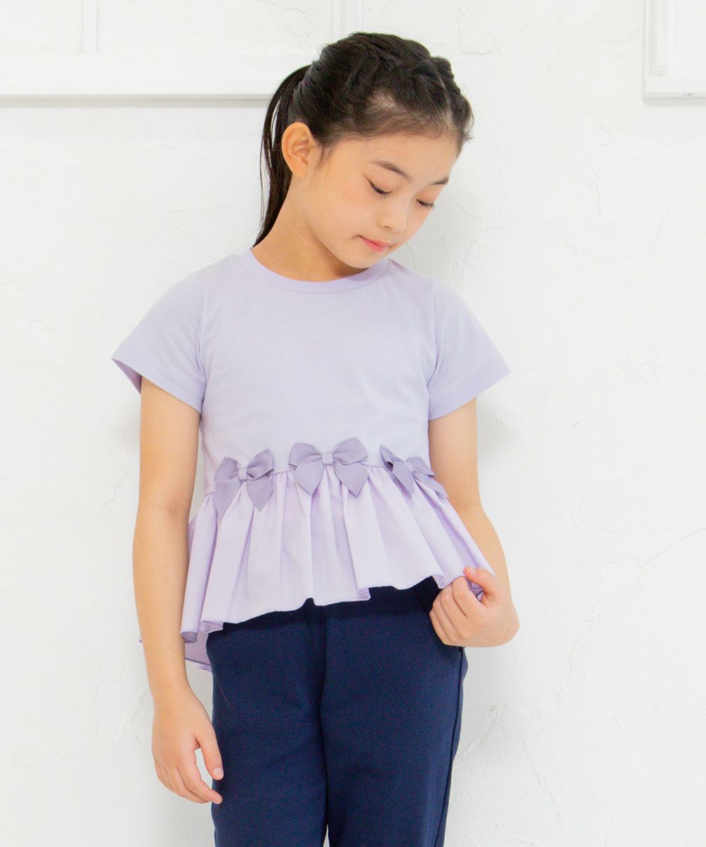 Different material gather switching T -shirt with ribbon Purple model image 1