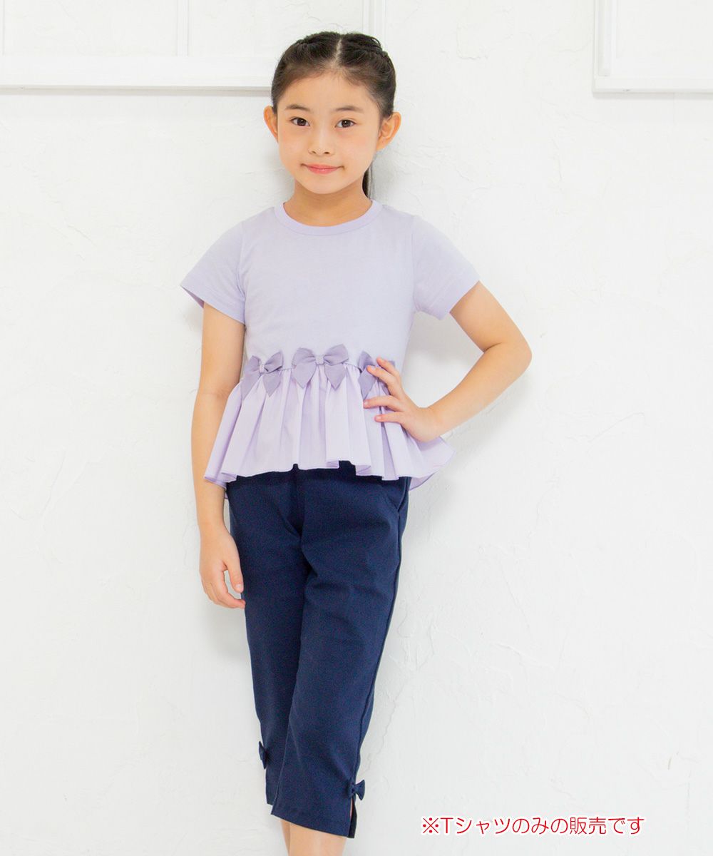 Different material gather switching T -shirt with ribbon Purple model image 2