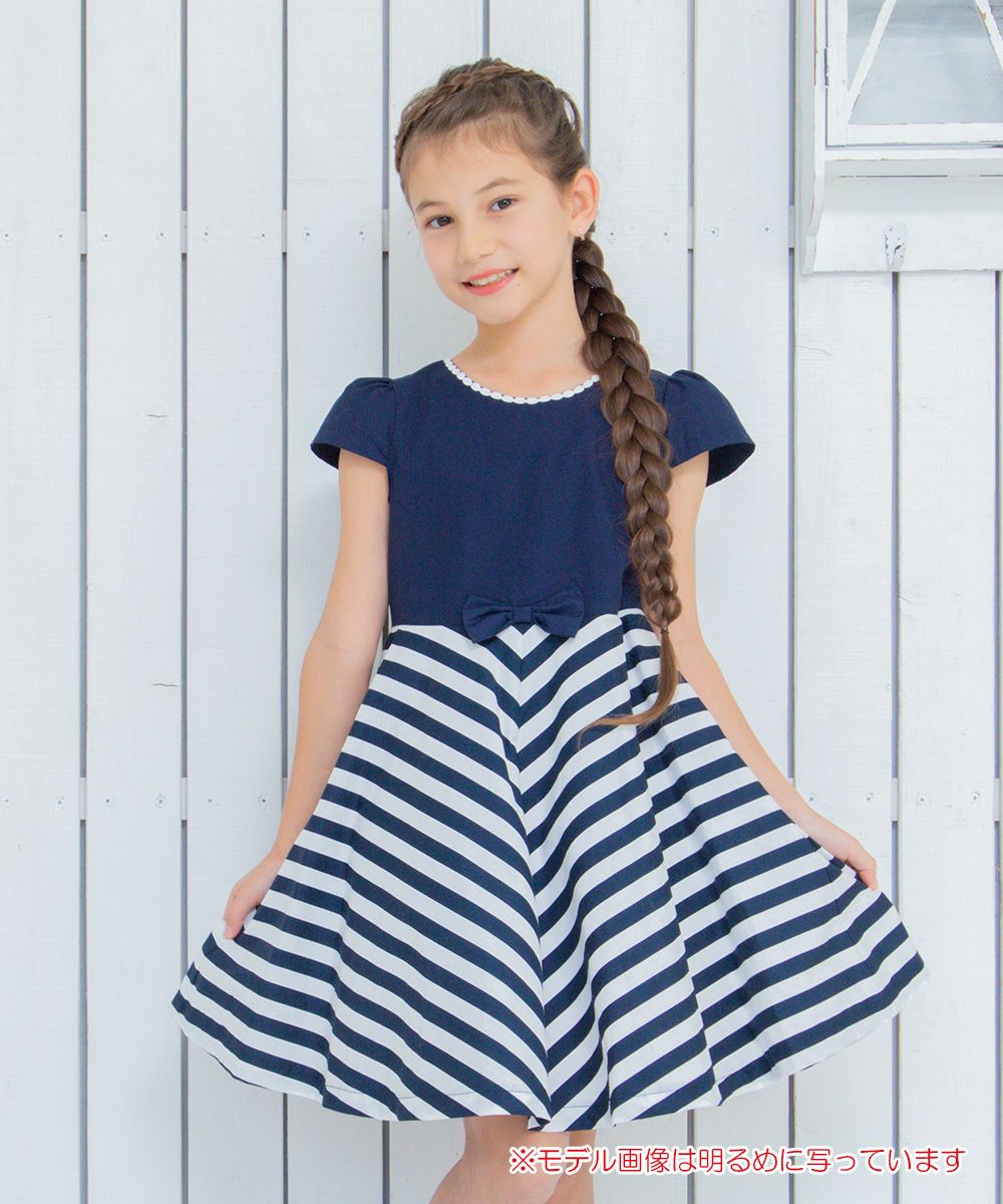 100% Japanese cotton stripe pattern dress Navy model image 1