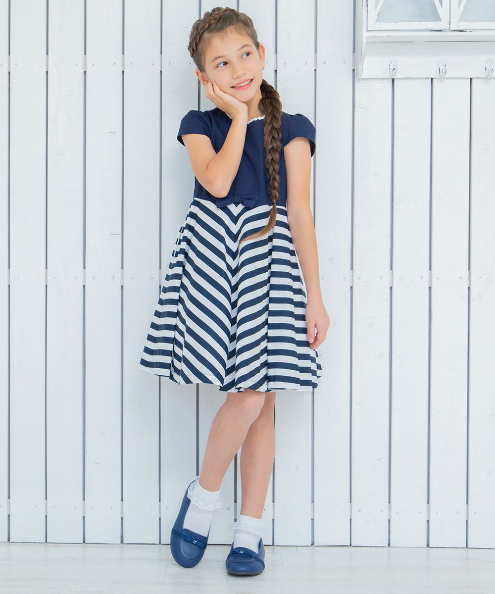 100% Japanese cotton stripe pattern dress Navy model image 2