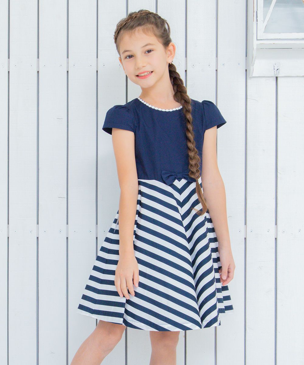 100% Japanese cotton stripe pattern dress Navy model image 4