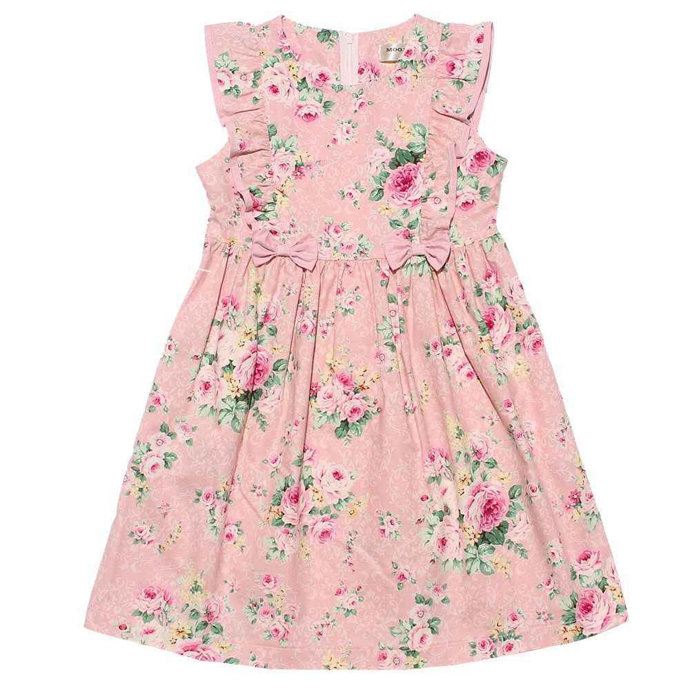 100 % Japanese cotton floral frilled dress with ribbons Pink front