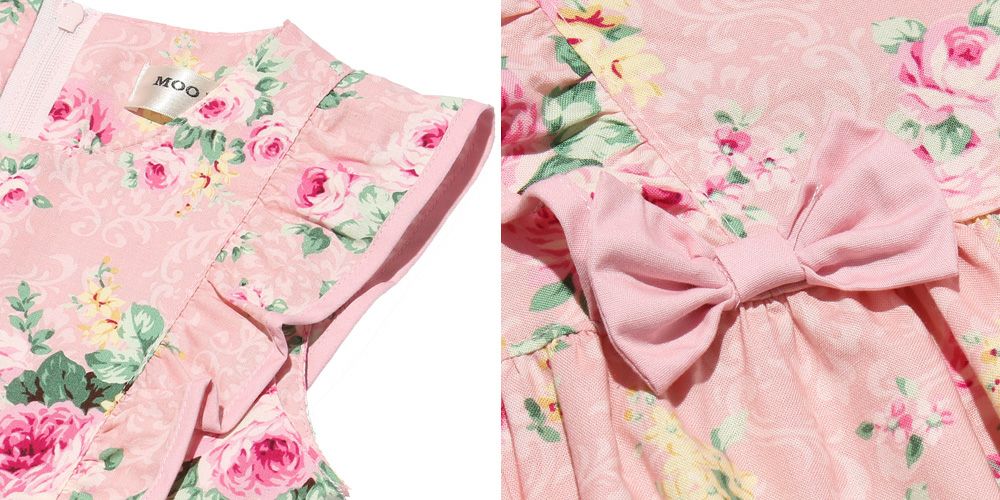 100 % Japanese cotton floral frilled dress with ribbons Pink Design point 1