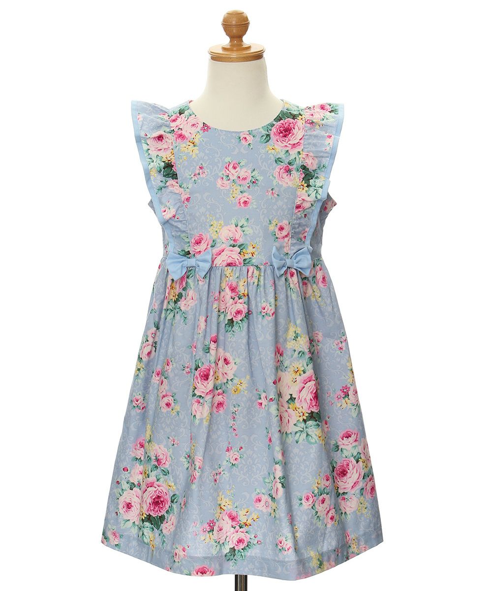 100 % Japanese cotton floral frilled dress with ribbons Blue torso