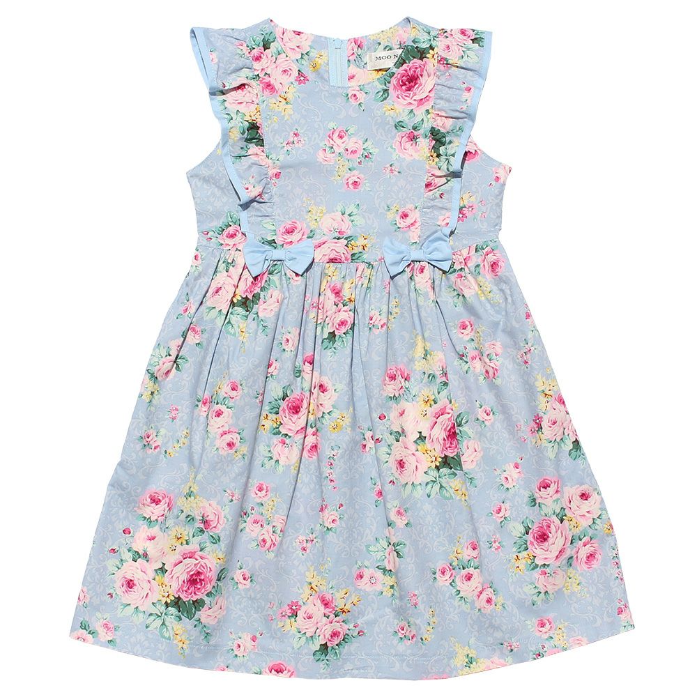 100 % Japanese cotton floral frilled dress with ribbons Blue front