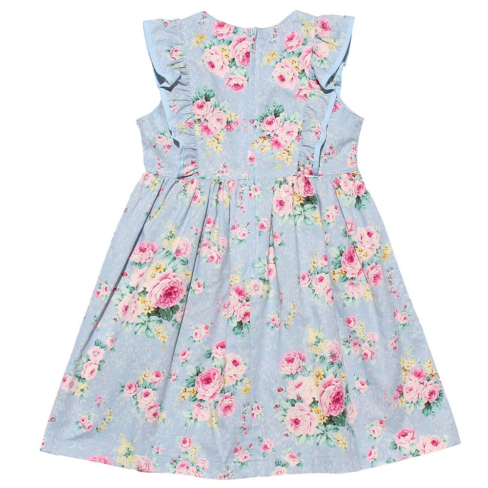 100 % Japanese cotton floral frilled dress with ribbons Blue back