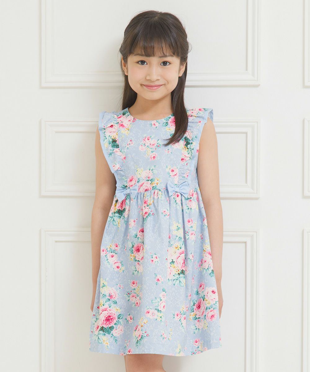 100 % Japanese cotton floral frilled dress with ribbons Blue model image up