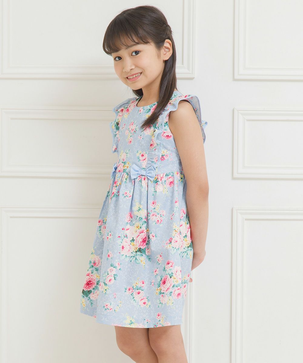 100 % Japanese cotton floral frilled dress with ribbons Blue model image 3