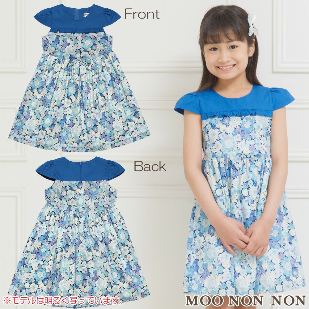 Children's clothing girl 100 % cotton made flower pattern ribbon & frill dress