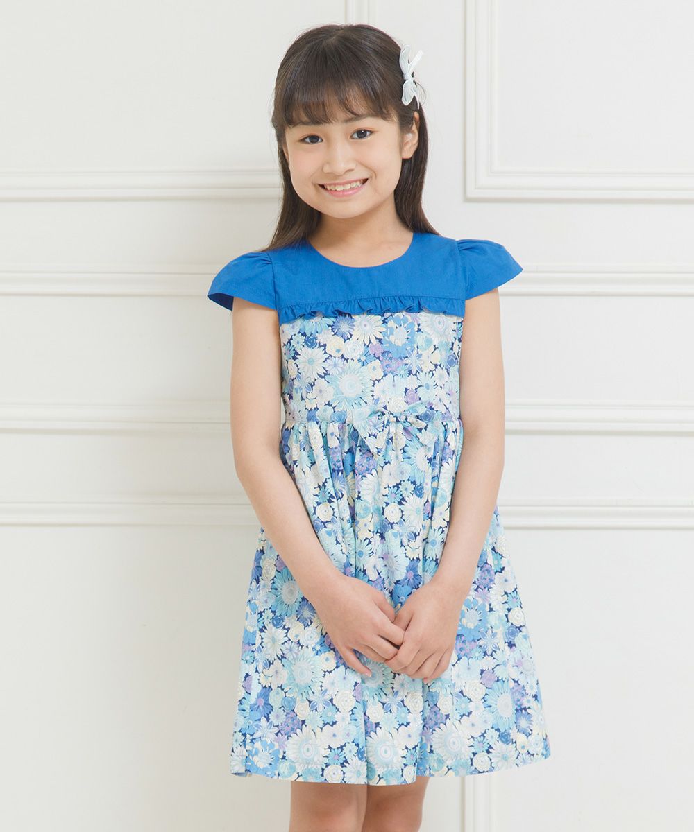 Children's clothing girl 100 % cotton made by cotton pattern floral ribbon & frills with floral blue (61) model image