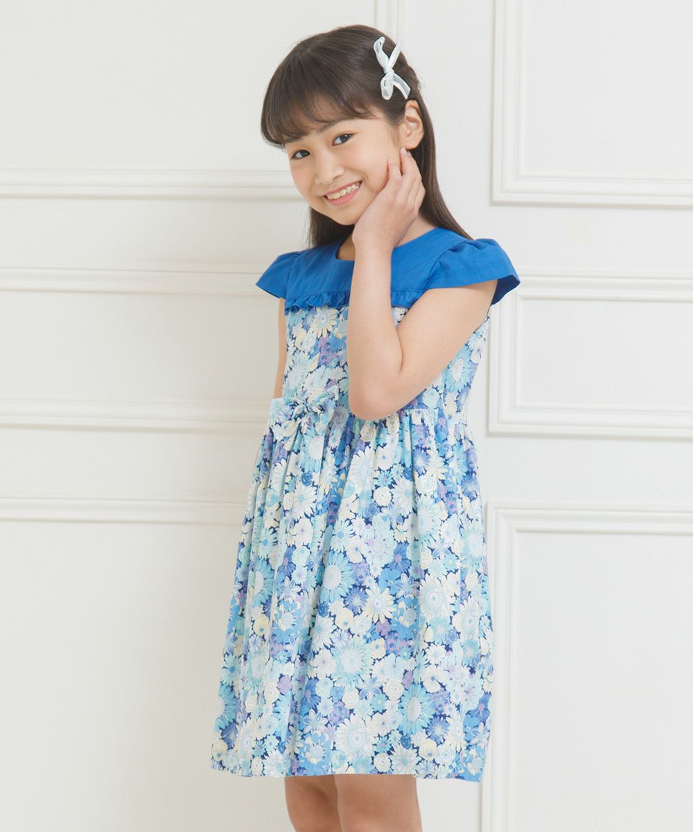Children's clothing girl 100 % cotton made by cotton pattern floral ribbon & frills with a floral blue (61) model image 1