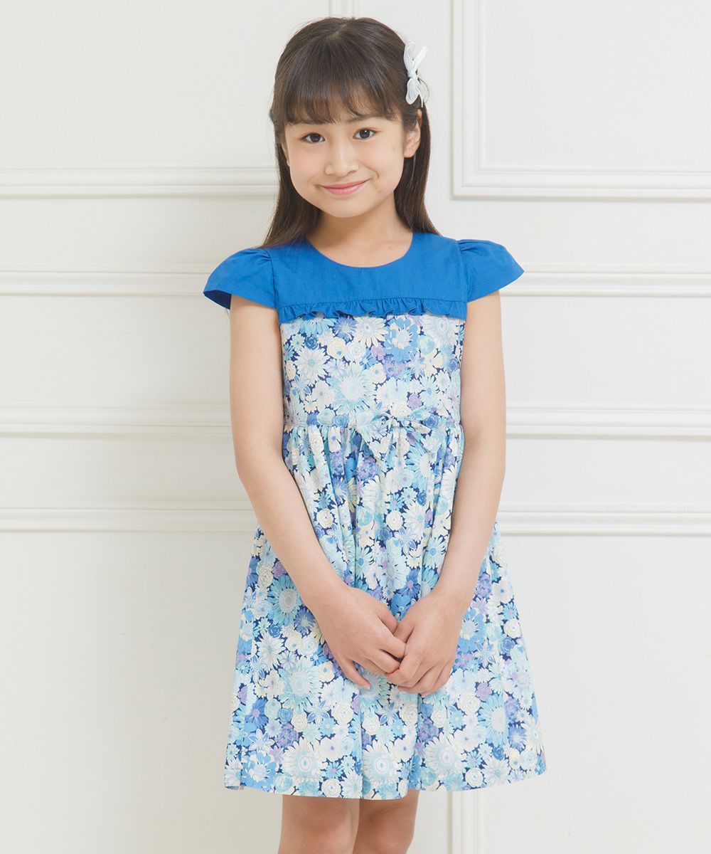 Children's clothing girl 100 % cotton made by cotton pattern floral ribbon & frills with a floral blue (61) model image 3