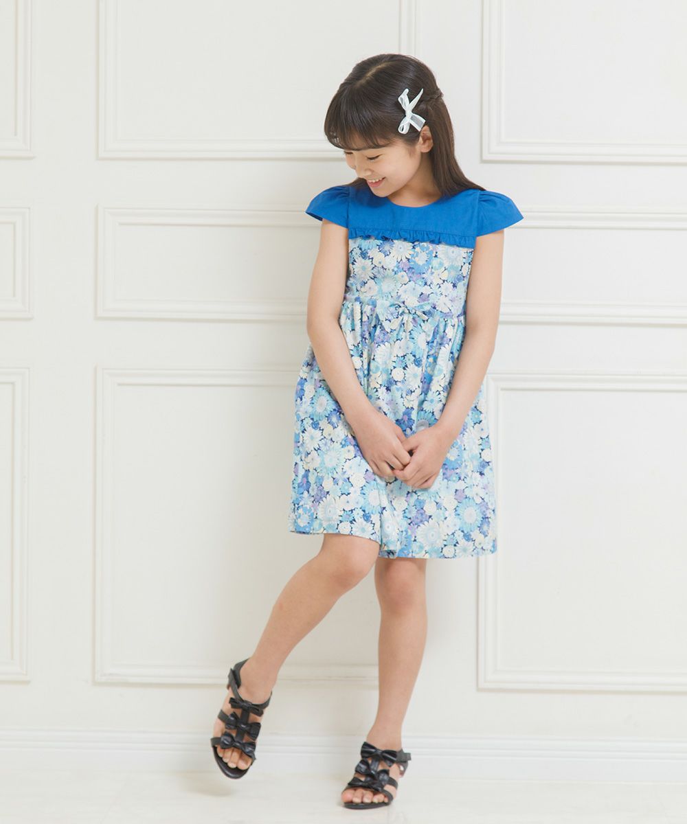 Children's clothing girl 100 % cotton made by cotton pattern floral ribbon & frills with floral blue (61) model image 4