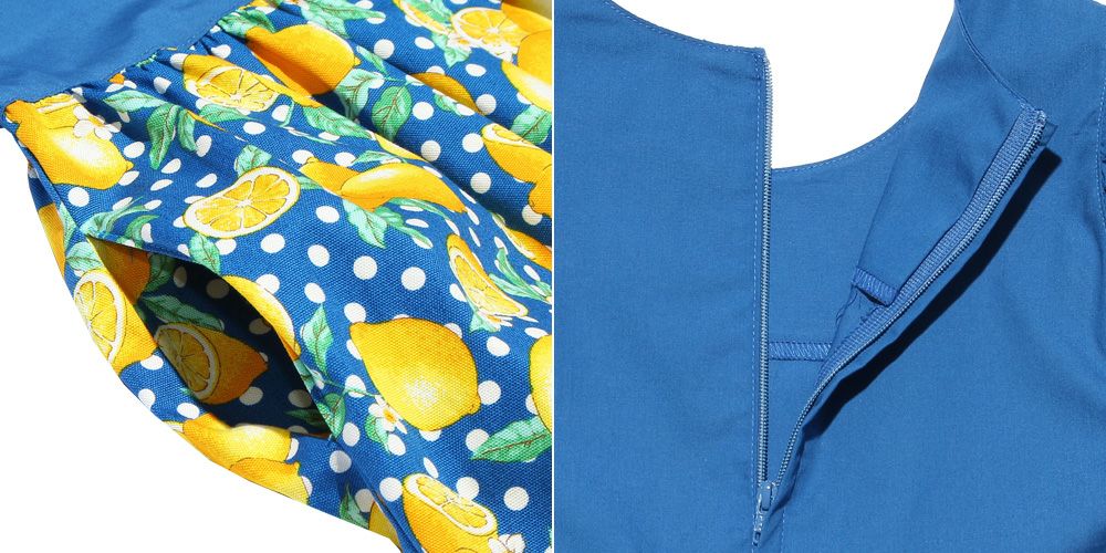 100% cotton lemon print dress Blue Design point 2