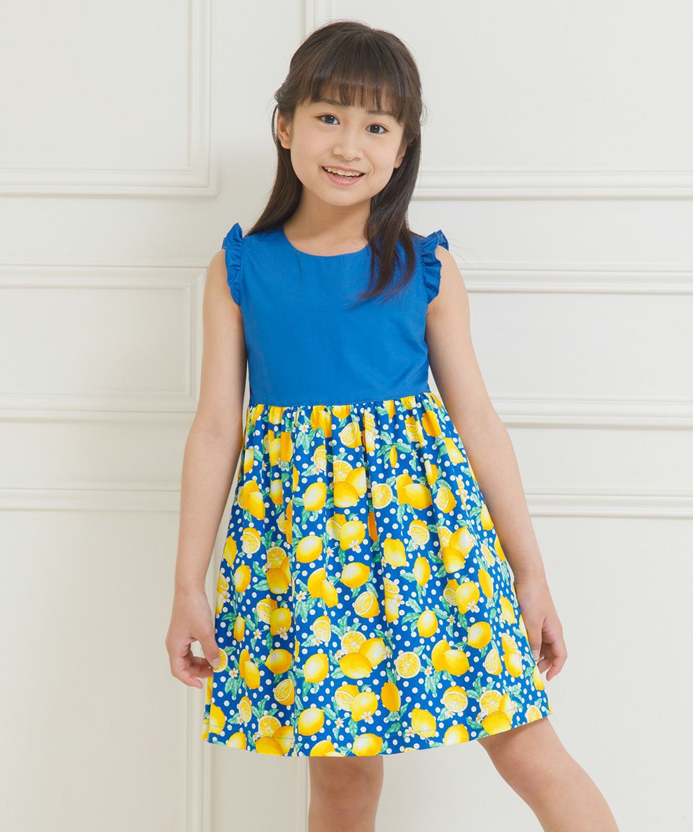 100% cotton lemon print dress Blue model image up