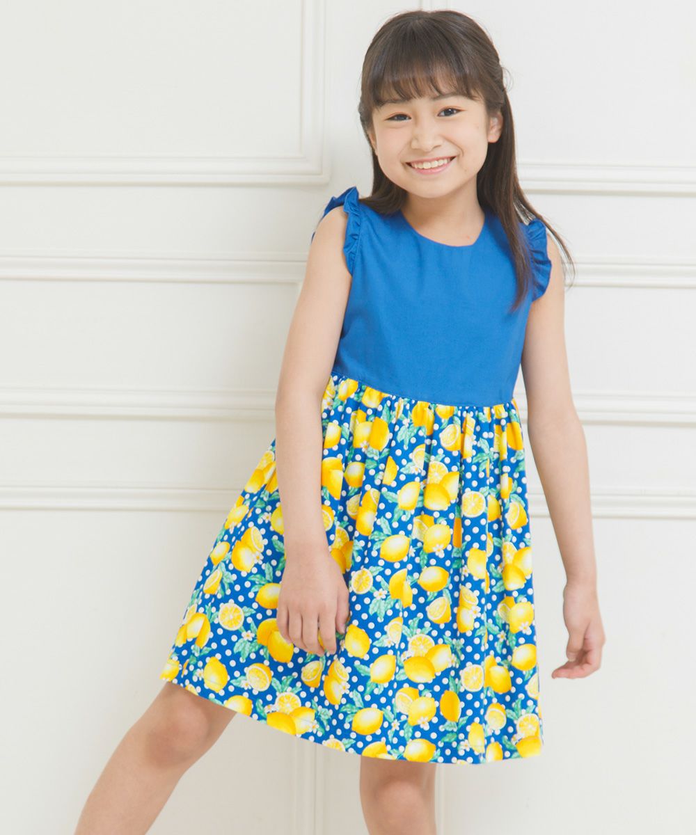 100% cotton lemon print dress Blue model image 1