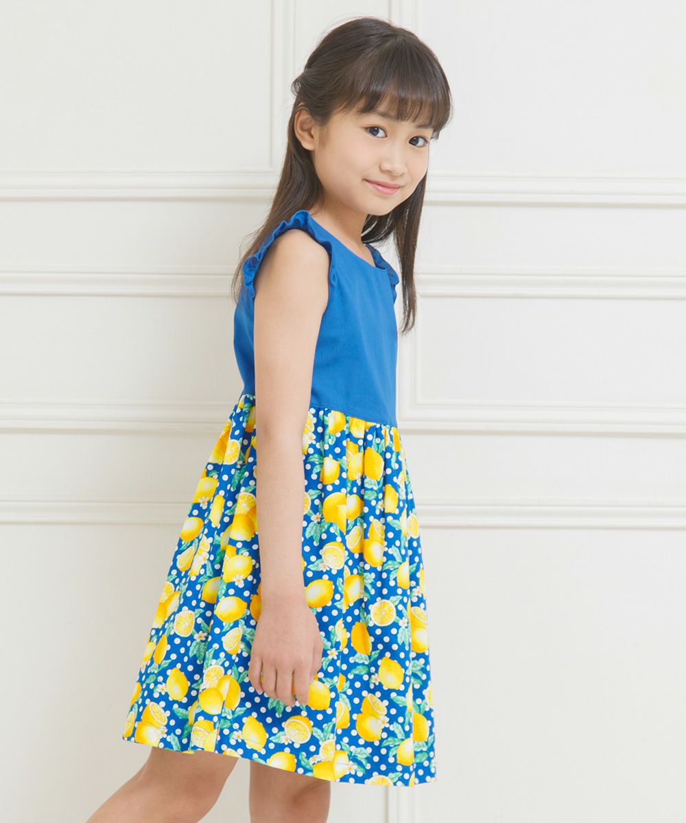 100% cotton lemon print dress Blue model image 2