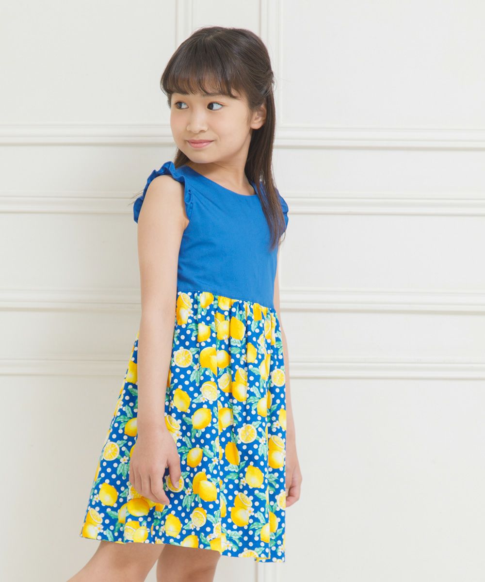 100% cotton lemon print dress Blue model image 4