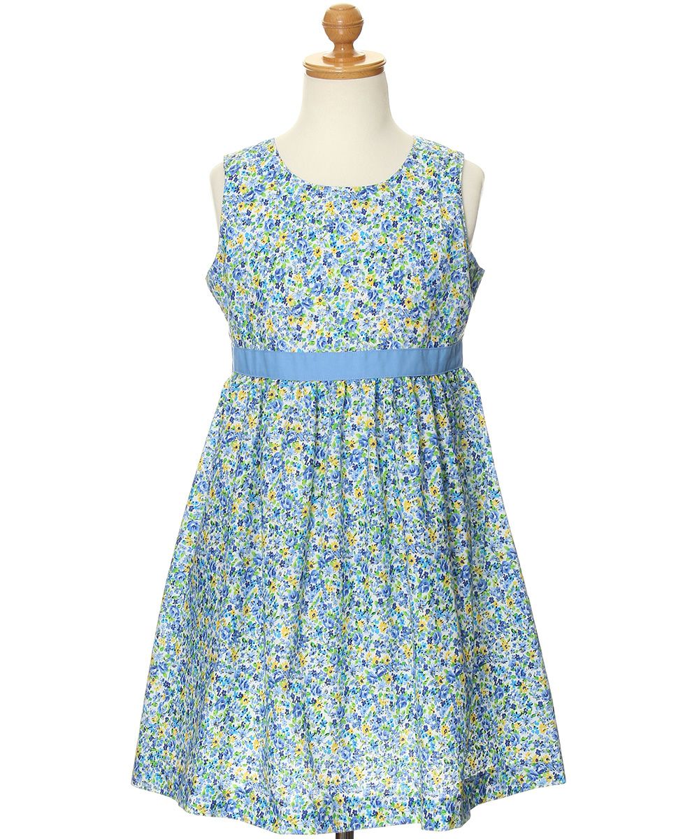 Children's clothing girl small flower pattern waist Switch A line dress blue (61) torso
