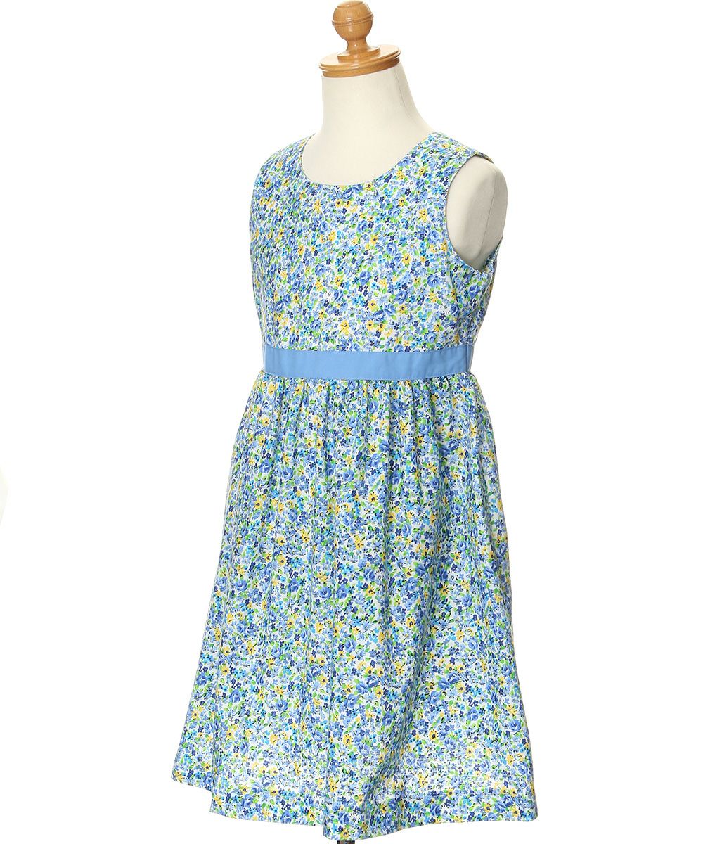 Children's clothing girl small flower pattern waist Switch A line dress blue (61) torso